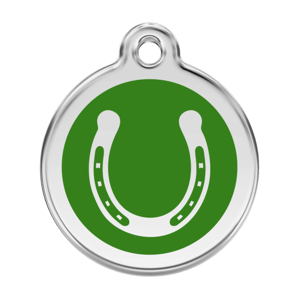 Vue avant - Médaille personnalisable pour chien Red Dingo Émail et acier inoxydable - Fer à cheval - Vert - Taille L