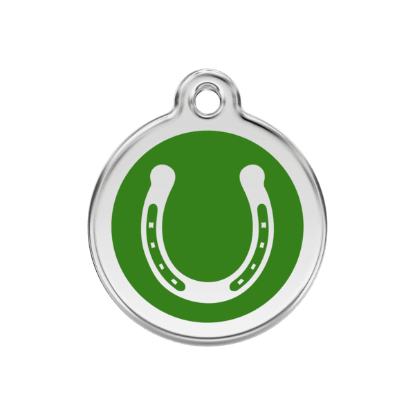 Vue avant - Médaille personnalisée pour chien Red Dingo Émail et acier inoxydable Fer à cheval Vert 30.00mm