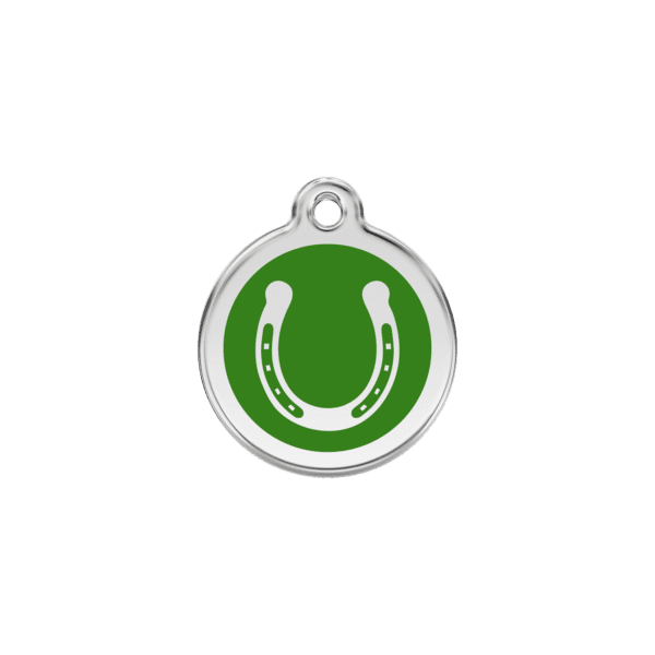 Vue avant - Médaille personnalisée pour chien/chat Red Dingo Émail et acier inoxydable Fer à cheval Vert S 20.00 7G