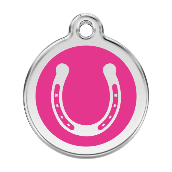 Vue avant - Médaille personnalisée pour chien Red Dingo Émail et acier inoxydable Fer à cheval Rose vif - Taille L