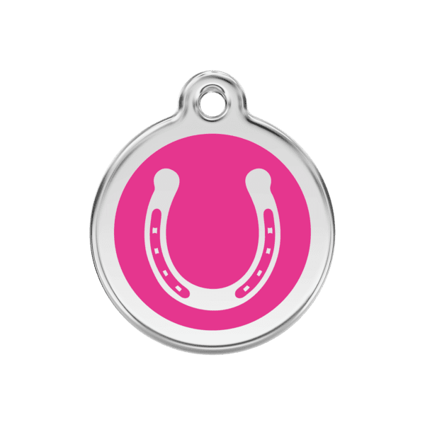 Vue avant - Médaille personnalisée pour chien Red Dingo Émail et acier inoxydable Fer à cheval Rose vif - Taille M