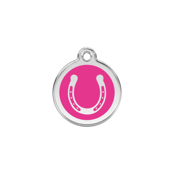 Vue avant - Médaille personnalisée pour chien/chat Red Dingo Émail et acier inoxydable - Fer à cheval - Rose vif - Taille S