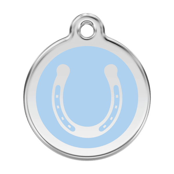 Vue avant - Médaille personnalisée pour chien Red Dingo Émail et acier inoxydable Fer à cheval Bleu clair - Taille L