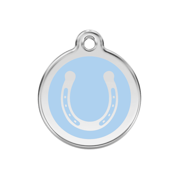 Vue avant - Médaille personnalisée pour chien Red Dingo Émail et acier inoxydable - Fer à cheval bleu clair - Taille M 30.00mm