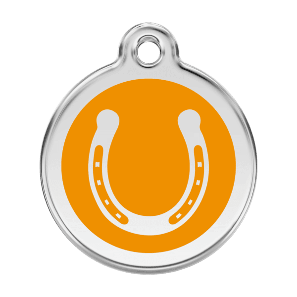 Vue avant - Médaille personnalisée pour chien Red Dingo Émail et acier inoxydable Orange Fer à cheval L 38.00 24.7 G