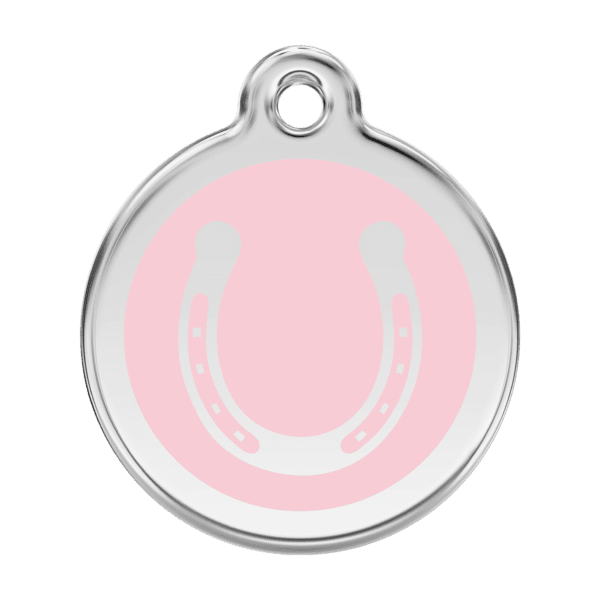 Vue avant - Médaille personnalisée pour chien en émail et acier inoxydable - Red Dingo - Motif fer à cheval - Rose - Taille L