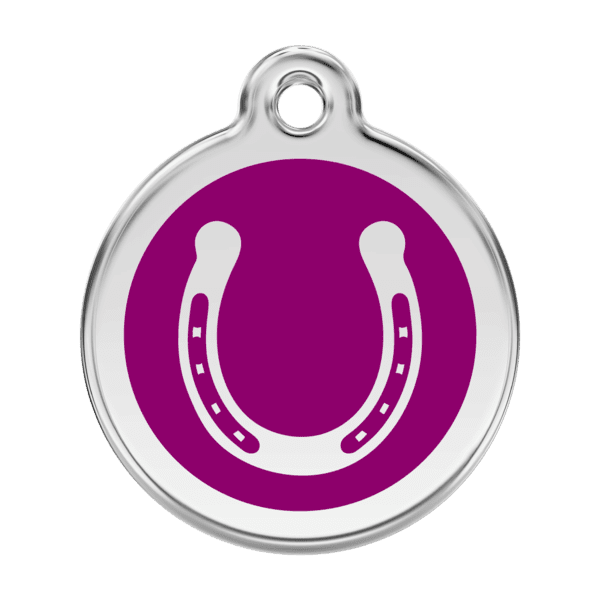 Vue avant - Médaille personnalisable pour chien Red Dingo émail et acier inoxydable violet - Fer à cheval - Taille L