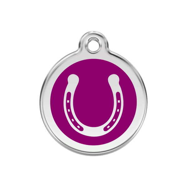 Vue avant - Médaille personnalisable pour chien ou chat Red Dingo Émail et acier inoxydable Fer à cheval Violet 30.00mm