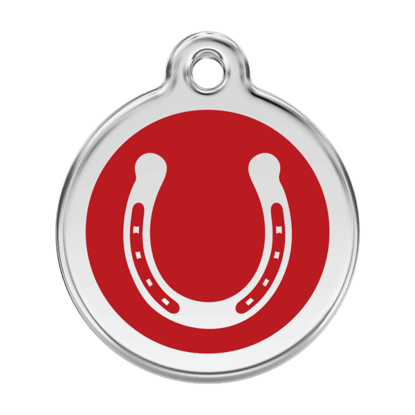 Vue avant - Médaille personnalisée pour chien Red Dingo Émail et acier inoxydable Fer à cheval Rouge 38.00mm - Marque Red Dingo