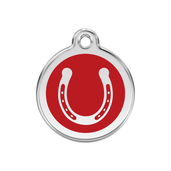 Vue avant - Médaille personnalisée pour chien ou chat Red Dingo Émail et acier inoxydable Fer à cheval Rouge 30.00mm - Marque Red Dingo