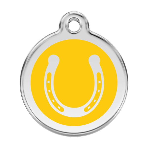 Vue avant - Médaille personnalisée pour chien Red Dingo Émail et acier inoxydable Jaune Taille L 38.00mm