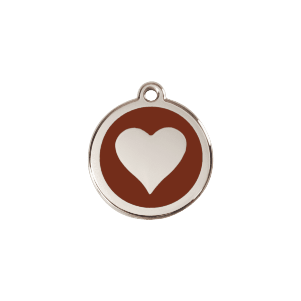 Vue avant - Médaille personnalisée en émail et acier inoxydable pour chat - Red Dingo - Motif cœur brun - Taille S