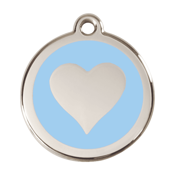 Vue avant - Médaille personnalisable pour chien ou chat - Red Dingo Émail et acier inoxydable - Motif cœur bleu clair - Taille L