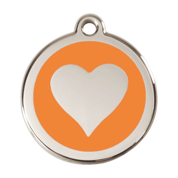 Vue avant - Médaille personnalisable pour chien Red Dingo Émail et acier inoxydable - Motif cœur - Orange - Taille L