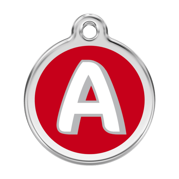 Vue avant - Médaille personnalisée pour chien ou chat - Red Dingo Émail et acier inoxydable - Lettre A rouge - Taille L 38.00mm