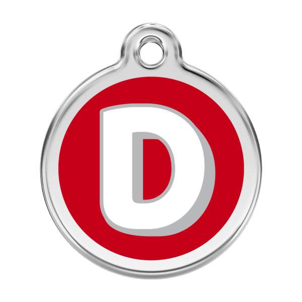 Vue avant - Médaille personnalisée pour chien Red Dingo Émail et acier inoxydable - Lettre D rouge - Taille L 38.00mm