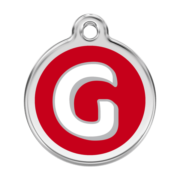 Vue avant - Médaille personnalisée pour chien Red Dingo Émail et acier inoxydable - Lettre G - Rouge - Taille L