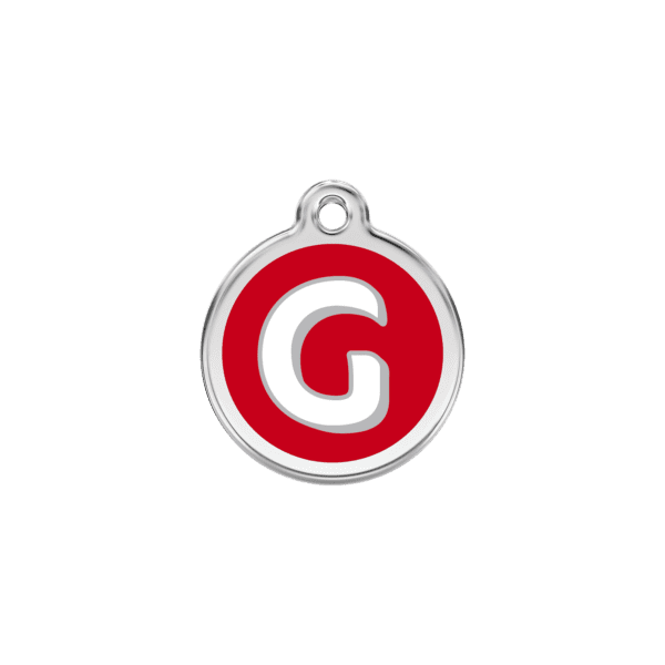 Vue avant - Médaille personnalisée pour chien/chat Red Dingo Émail et acier inoxydable - Lettre G - Rouge - Taille S