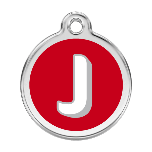 Vue avant - Médaille personnalisée pour chien Red Dingo Émail et acier inoxydable - Lettre J - Rouge - Taille L