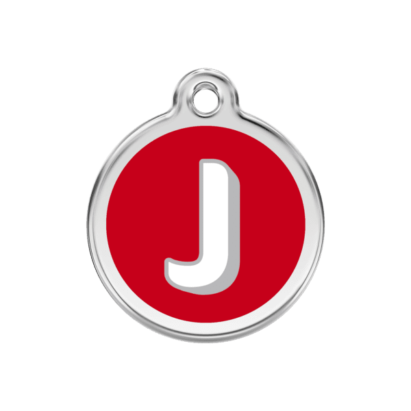 Vue avant - Médaille personnalisée Red Dingo Émail et acier inoxydable - Lettre J - Rouge - Taille M