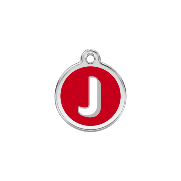 Vue avant - Médaille personnalisée pour chien/chat Red Dingo Émail/Acier inoxydable - Lettre J - Rouge - Taille S