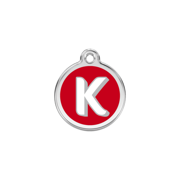 Vue avant - Médaille personnalisée pour chien/chat Red Dingo Émail et acier inoxydable - Lettre K - Rouge - Taille S