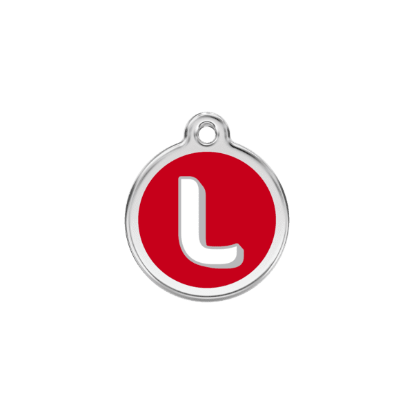 Vue avant - Médaille personnalisée Red Dingo émail et acier inoxydable - Lettre L - Rouge - Taille S