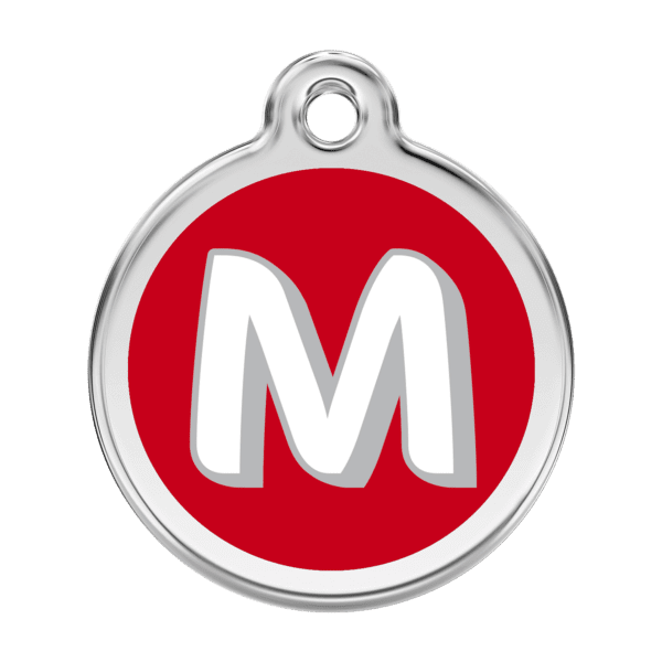 Vue avant - Médaille personnalisée pour chien Red Dingo Émail et acier inoxydable - Lettre M - Rouge - Taille L