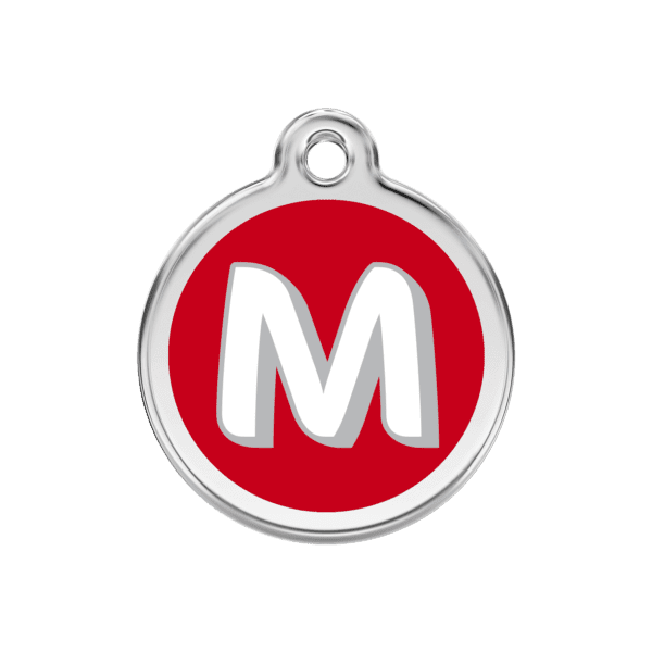 Vue avant - Médaille personnalisée pour chien Red Dingo Émail et acier inoxydable Lettre M Rouge 30mm