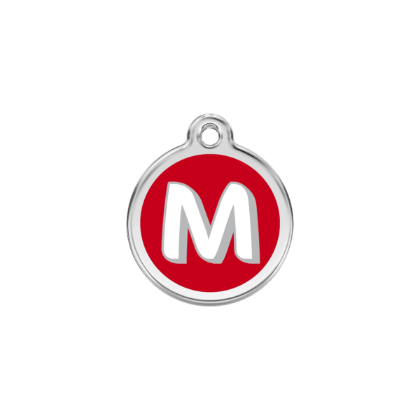 Vue avant - Médaille personnalisée pour chien/chat Red Dingo Émail et acier inoxydable - Lettre M rouge - Taille S 20.00mm