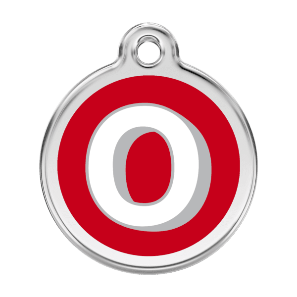 Vue avant - Médaille personnalisée pour chien ou chat - Red Dingo Émail et acier inoxydable - Lettre O rouge - Taille L