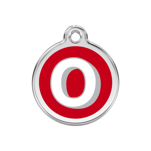 Vue avant - Médaille personnalisable pour chien Red Dingo Émail et acier inoxydable - Lettre O rouge - Taille M