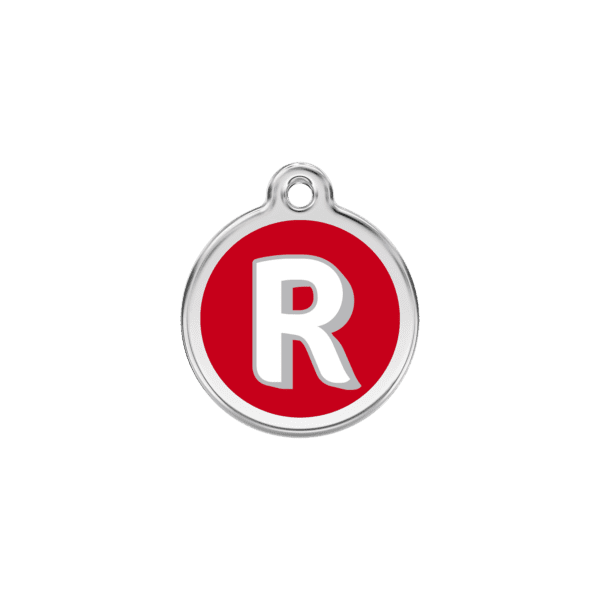 Vue avant - Médaille personnalisée pour chien/chat Red Dingo Émail/Acier inoxydable - Lettre R - Rouge - Taille S