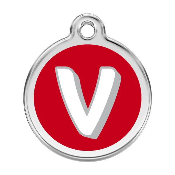 Vue avant - Médaille personnalisée pour chien Red Dingo Émail et acier inoxydable - Lettre V - Rouge - Taille L