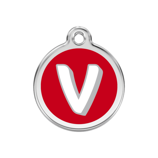 Vue avant - Médaille personnalisée pour chien Red Dingo Émail et acier inoxydable - Lettre V - Rouge - Taille M