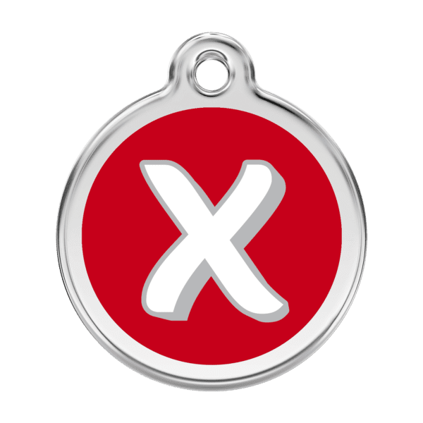 Vue avant - Médaille personnalisée pour chien Red Dingo Émail et acier inoxydable - Lettre X - Rouge - Taille L