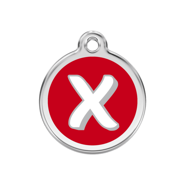 Vue avant - Médaille personnalisée pour chien Red Dingo Émail et acier inoxydable - Lettre X - Rouge - Taille M