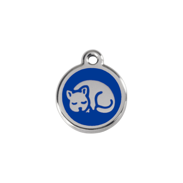 Vue avant - Médaille personnalisée en émail et acier inoxydable pour chat - Red Dingo - Motif chaton bleu foncé - Taille S