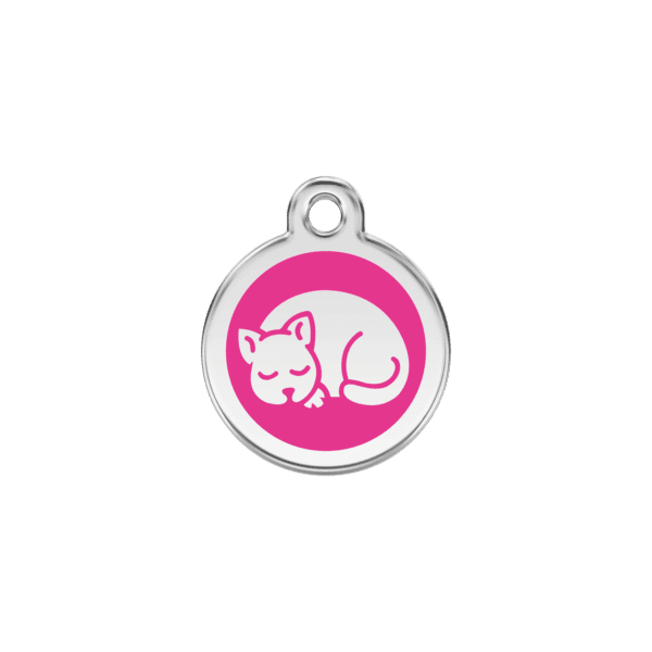 Vue avant - Médaille personnalisée en émail et acier inoxydable pour chat - Red Dingo - Motif chaton rose vif - Taille S