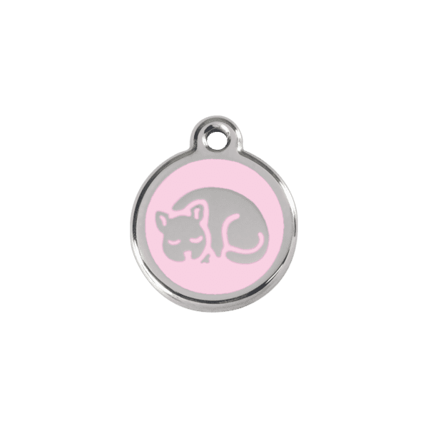 Vue avant - Médaille personnalisée en émail et acier inoxydable pour chat - Red Dingo - Motif chaton rose - Taille S