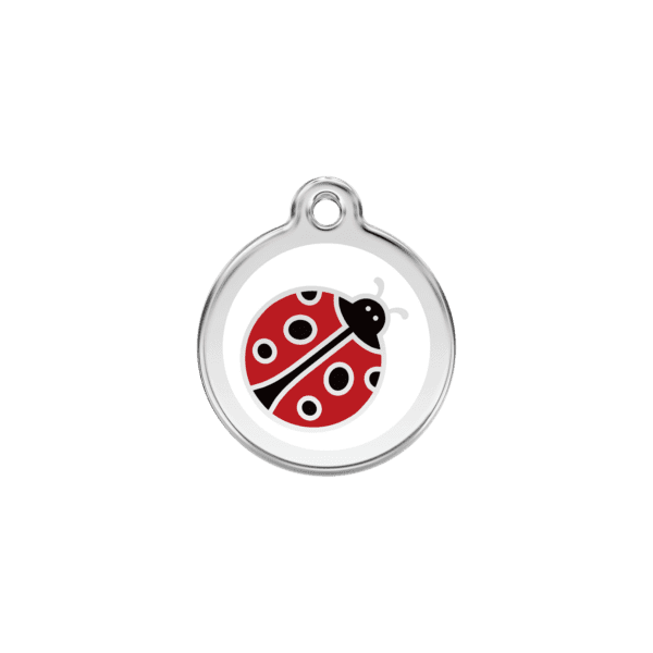 Vue avant - Médaille personnalisée pour chien/chat Red Dingo Émail et acier inoxydable - Coccinelle Blanc - Taille S