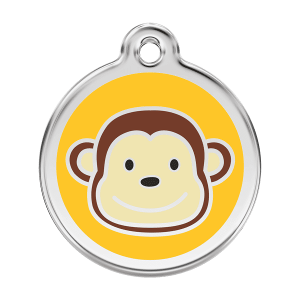 Vue avant - Médaille personnalisée pour chien - Red Dingo Émail et acier inoxydable - Motif singe jaune - Taille L