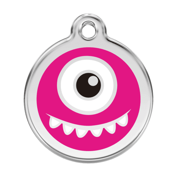 Vue avant - Médaille personnalisée pour chien Red Dingo Émail et acier inoxydable motif Monstre - Rose vif - Taille L