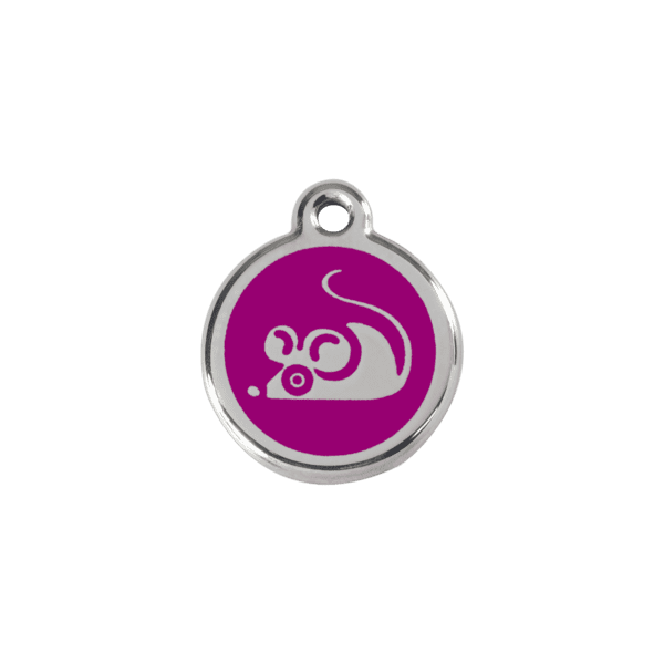 Vue avant - Médaille personnalisée en émail et acier inoxydable pour chat - Red Dingo - Motif souris violet - Taille S