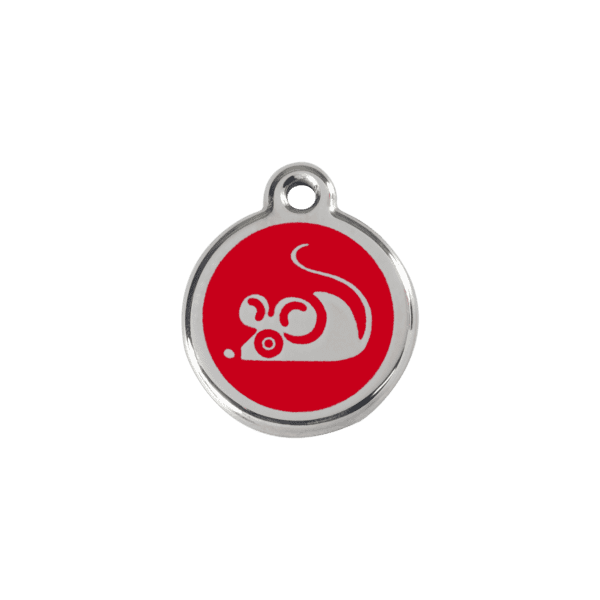 Vue avant - Médaille personnalisée pour chat ou petit chien - Red Dingo Émail et acier inoxydable - Motif souris rouge