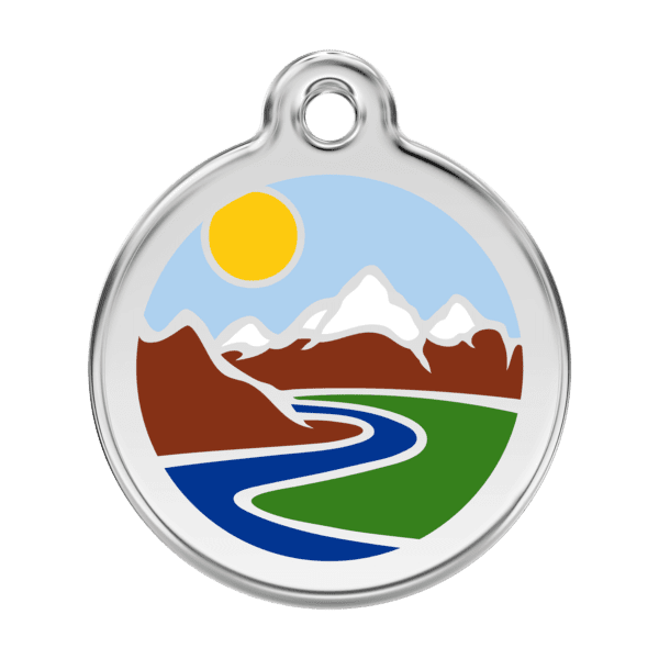 Vue avant - Médaille personnalisable pour chien Red Dingo Émail et acier inoxydable motif montagnes bleu clair - Taille L