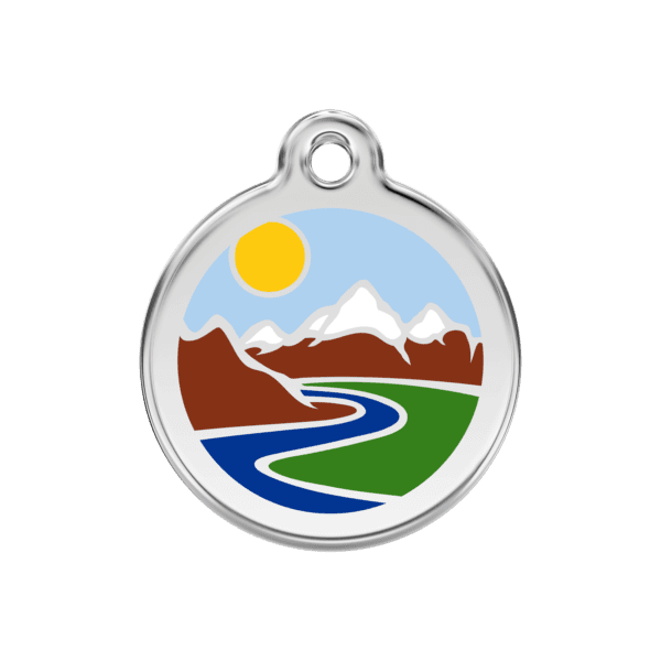 Vue avant - Médaille personnalisée pour chien Red Dingo Émail et acier inoxydable motif montagnes bleu clair - Taille M