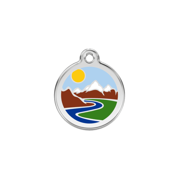 Vue avant - Médaille personnalisée pour chat en émail et acier inoxydable - Motif montagnes bleu clair - Red Dingo