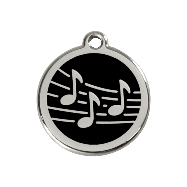 Vue avant - Médaille personnalisée pour chien ou chat Red Dingo Émail et acier inoxydable - Motif Musique - Noir - Taille M