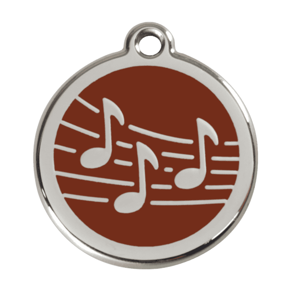 Vue avant - Médaille personnalisée pour chien Red Dingo Émail et acier inoxydable - Motif Musique - Brun - Taille L